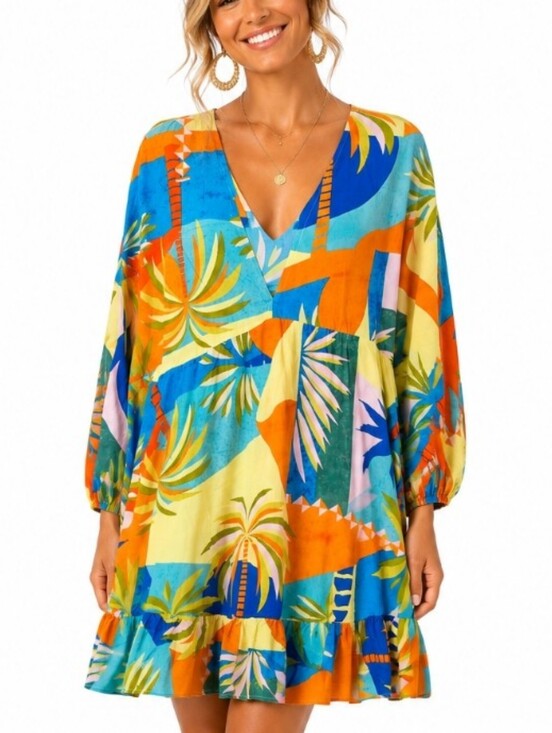 Label Of Love Dresses & Skirts - Label of Love Aisha Tropical Palm Print Tiered Mini Dress XL NWT Boho Resort
